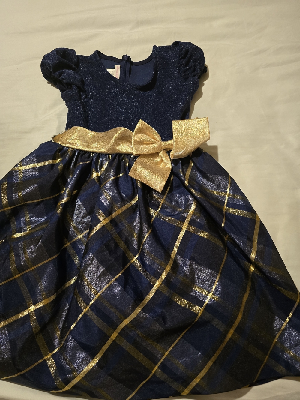 Bonnie Jean Navy and Gold Plaid Sparkle Party Dress